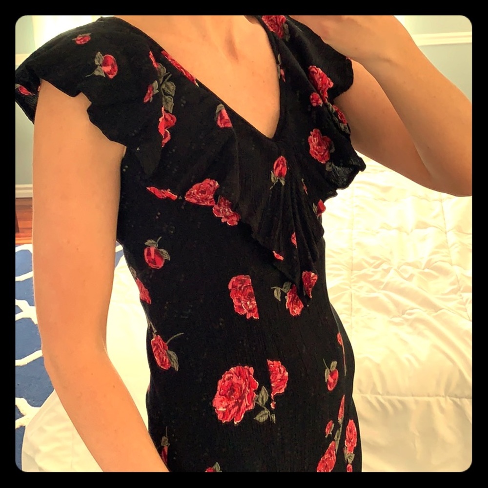 Billabong Black Maxi Dress with Red Rose Print